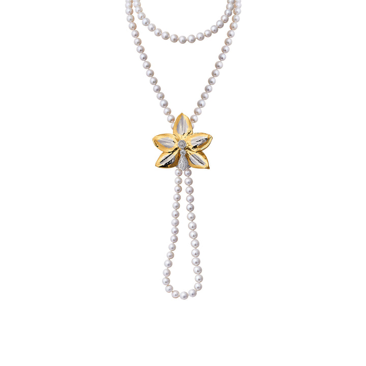 Multi-strand pearl necklace with gold orchid pendant and pearl drops