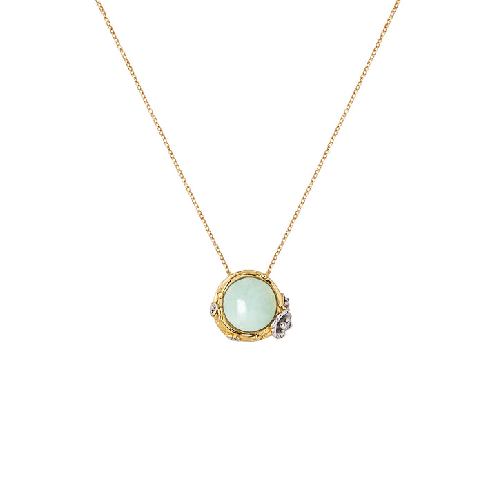 Gold-tone necklace with green round jadeite halo pendant and small side stones