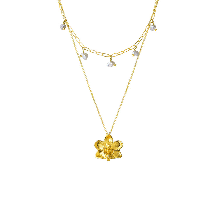 Layered Orchid Necklace in Gold with Keshi Pearls