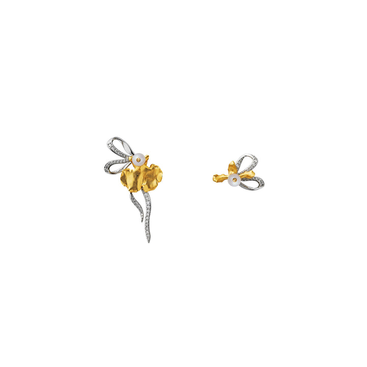 RISIS Re:Born Ribbon-cut Orchid Earrings In 24K Gold with Pearl and Pavé-set Moissanites