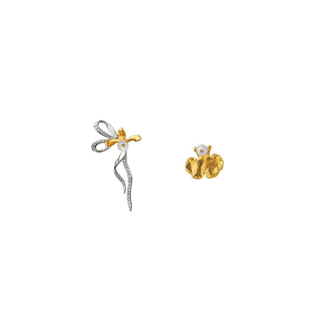 RISIS Re:Born Ribbon-cut Orchid Earrings In 24K Gold with Pearl and Pavé-set Moissanites