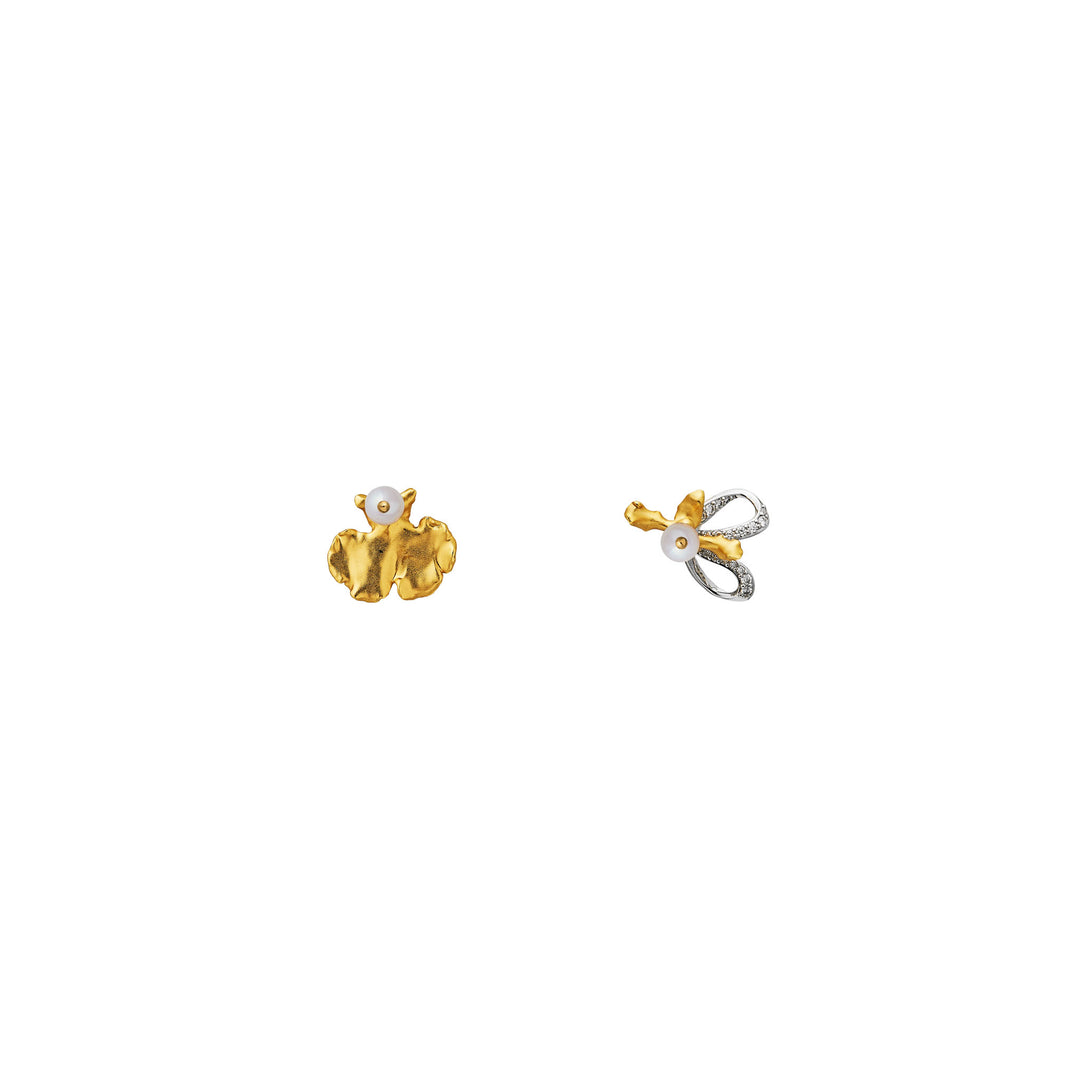 RISIS Re:Born Ribbon-cut Orchid Earrings In 24K Gold with Pearl and Pavé-set Moissanites