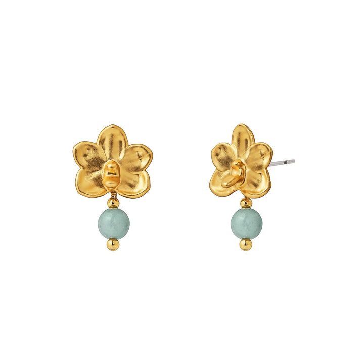 RISIS Jadeite Her Ascocenda Orchids Earrings, Natural Ascocenda Sagarik Gold Orchid Encapsulated in 24K Swiss Gold with Type A Jadeite