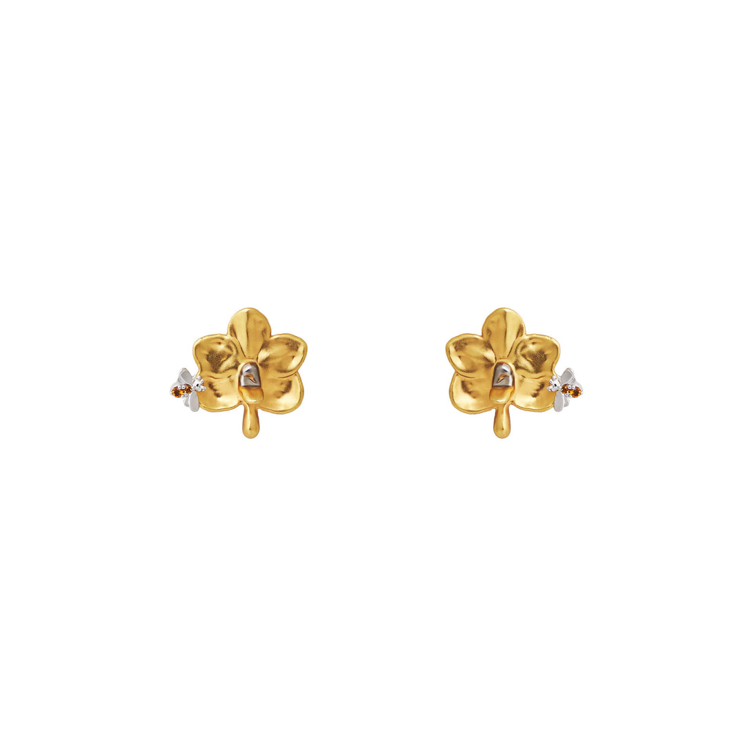 RISIS Bee-on-Orchid Earrings in 24K Gold with Citrine