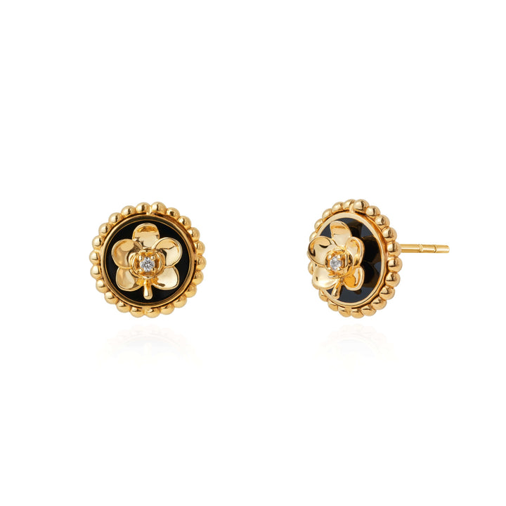 Risis Beaded Ascocenda Earrings - A pair of elegant gold earrings, each featuring a central flower with a shimmering gemstone, surrounded by a circular beaded detail.