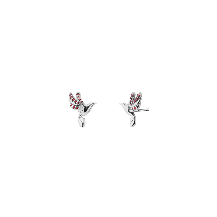 Sunbird Whispers Earrings in Rhodium with Red Garnet