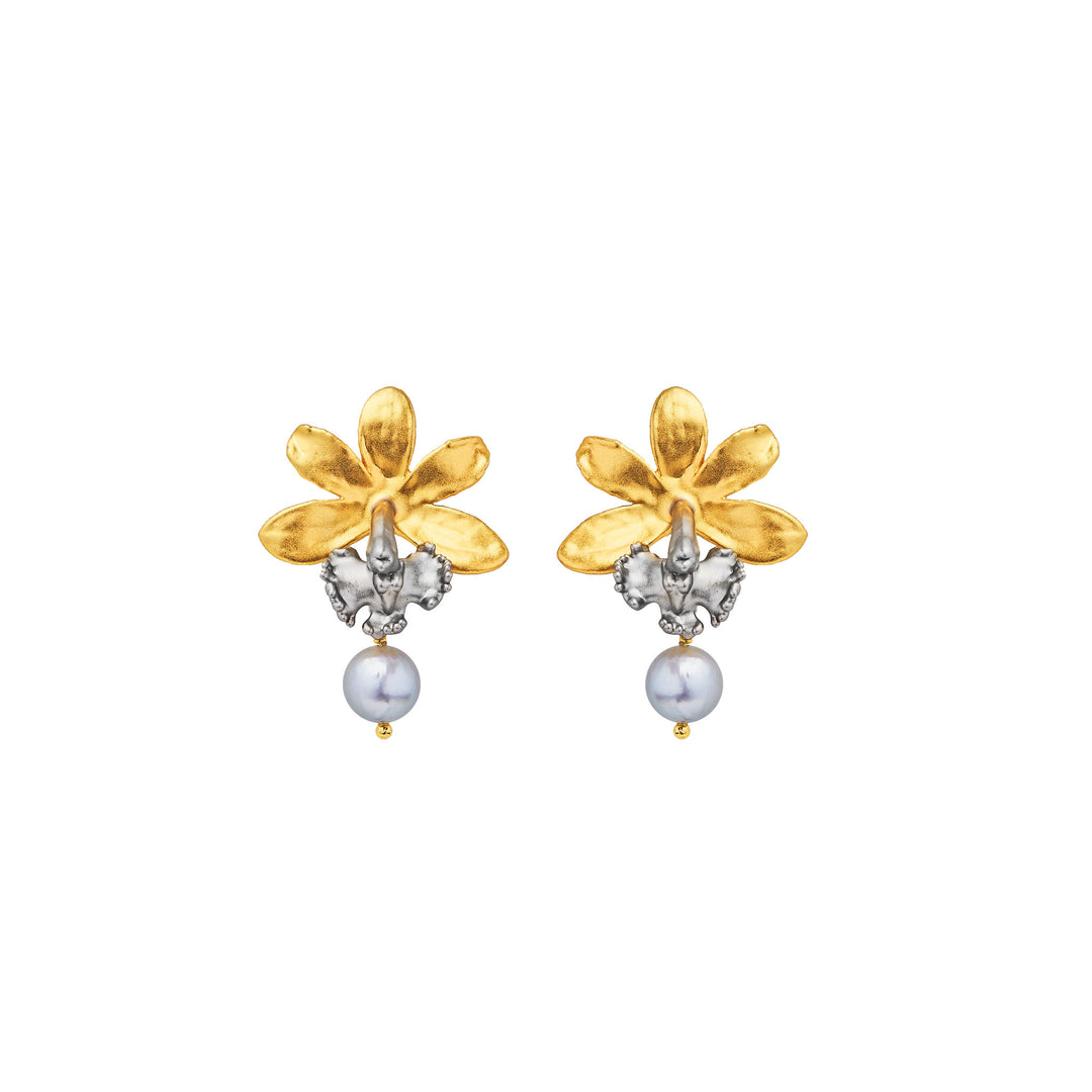 Enanthleya Orchid Earrings In Gold and Palladium with Akoya Pearl