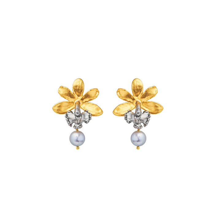 Gold orchid drop earrings with gray center stone and light pearl dangle