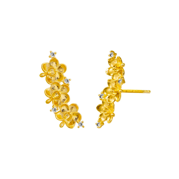 Risis Ascocenda Garden Climber Earrings - A pair of golden earrings embellished with multiple flower motifs and accented with sparkling gems at the center and tips of the petals.