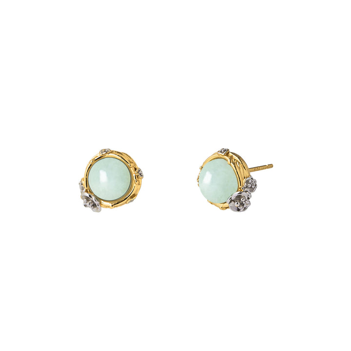 Gold and rhodium jadeite halo stud earrings with round green stone and diamond accents
