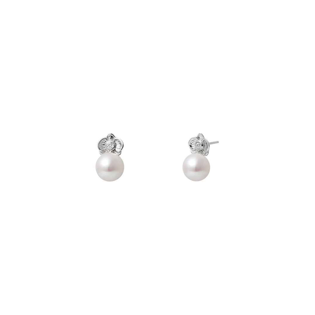 RISIS Petite Phalaenopsis Pearl Earrings, 925 Silver Encapsulated in Rhodium with White Topaz and Freshwater Pearl