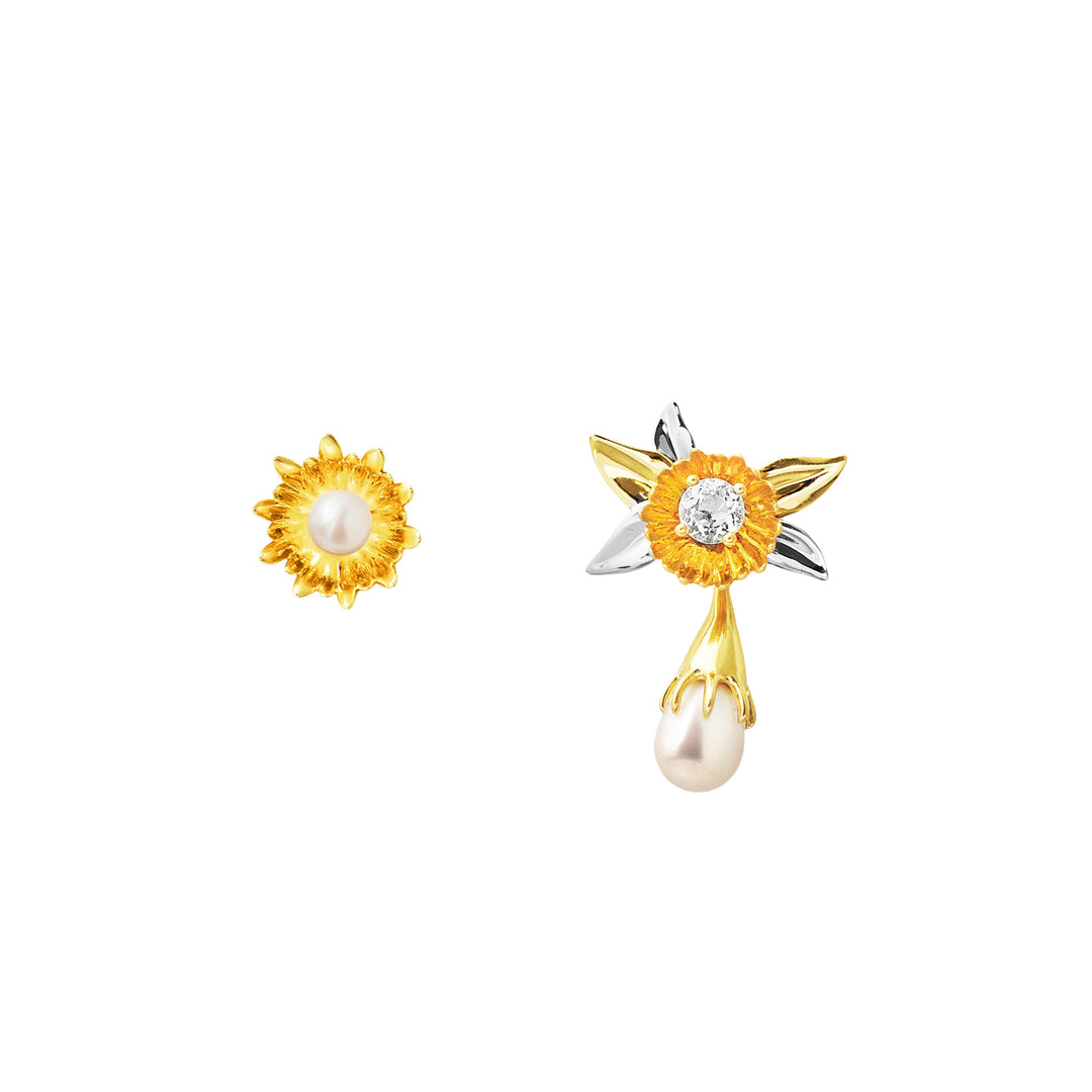 RISIS Enchanted Mangrovia Flora Earrings, 925 Sterling Silver encapsulated in 24K Swiss Gold and Palladium with Freshwater Pearls and White Topaz