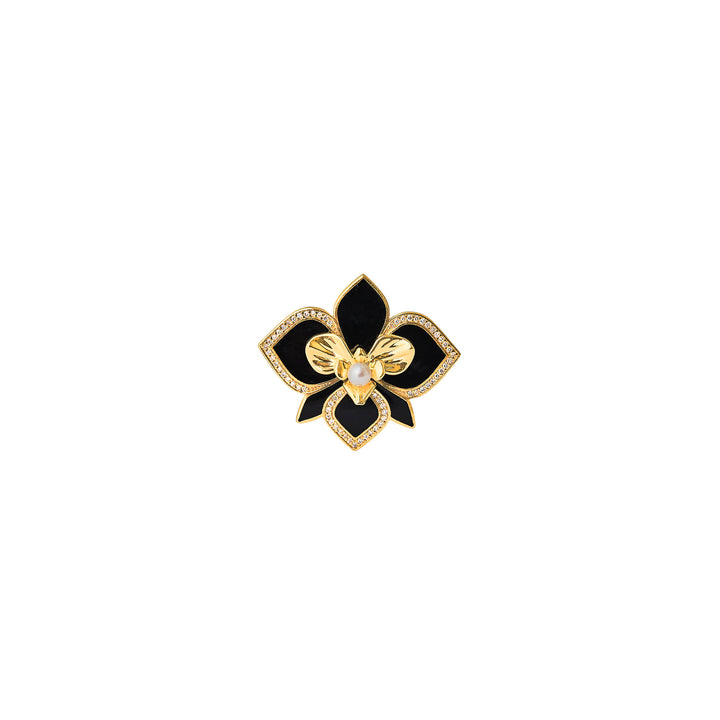 Orchid ring with black enamel, pavé-set crystals, and pearl center