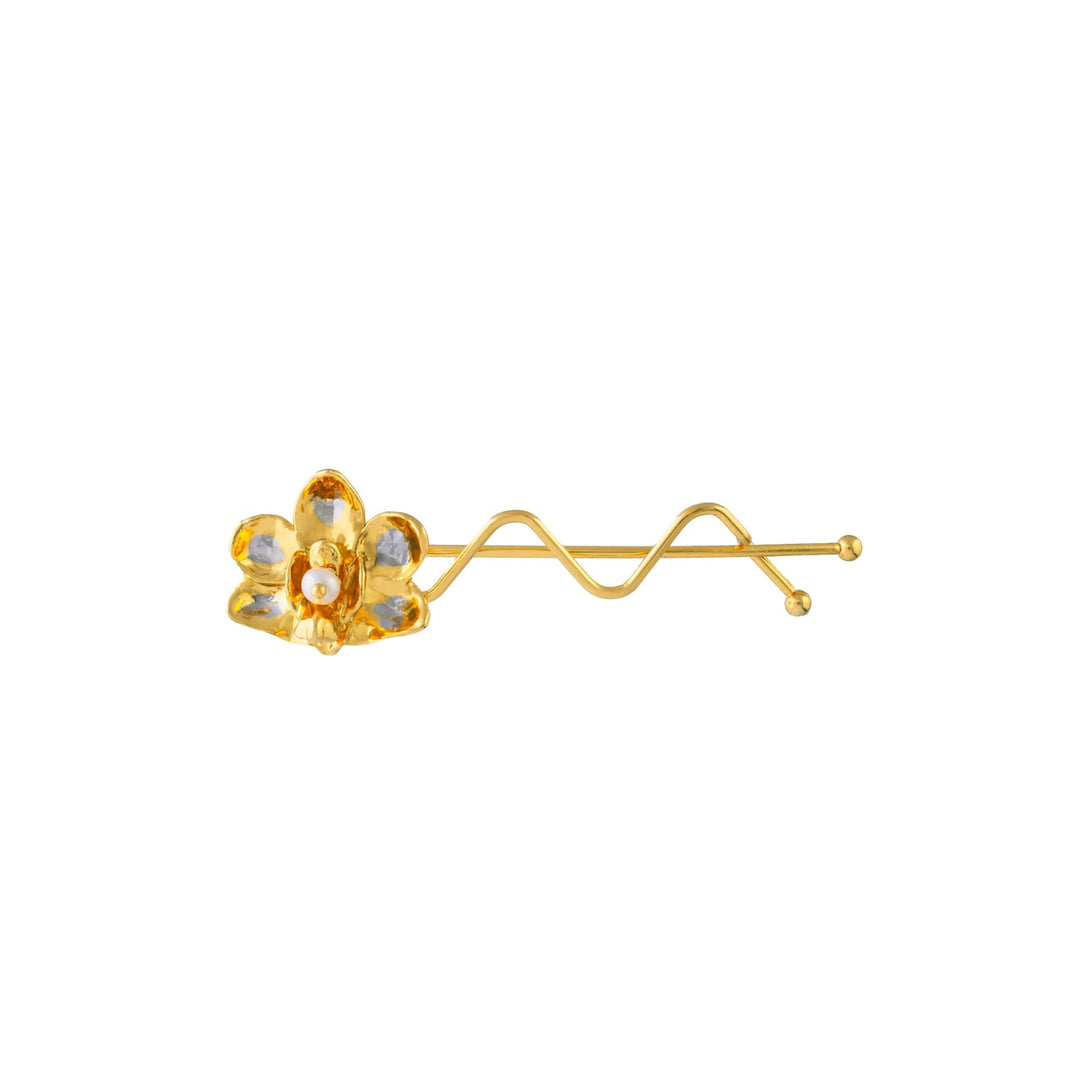 Risis 1974 Doritaenopsis Hair Clip - A golden hairpin with an intricate wavy design, adorned with a cluster of yellow and white gemstones forming an elegant floral motif.