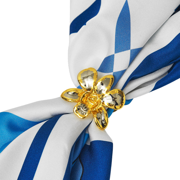 Blue Orchid Silk Scarf and Scarf Ring In 24K Gold and Palladium