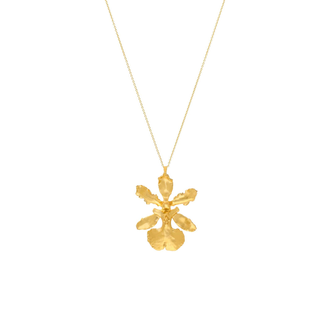 Risis Oncidium Haematochilum Orchid Necklace - A golden pendant resembling an abstract flower or snowflake dangles from a delicate chain, featuring asymmetrical, organically shaped petals with a textured surface.