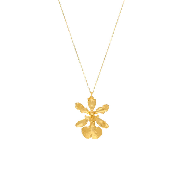 Risis Oncidium Haematochilum Orchid Necklace - A golden pendant resembling an abstract flower or snowflake dangles from a delicate chain, featuring asymmetrical, organically shaped petals with a textured surface.