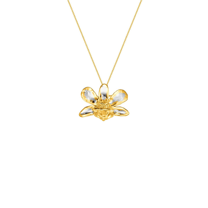 Risis Dendrobium Thong Chai Orchid Necklace (PG) - A golden necklace with a detailed bee pendant; the wings are translucent with yellowish hues, against a stark white backdrop.