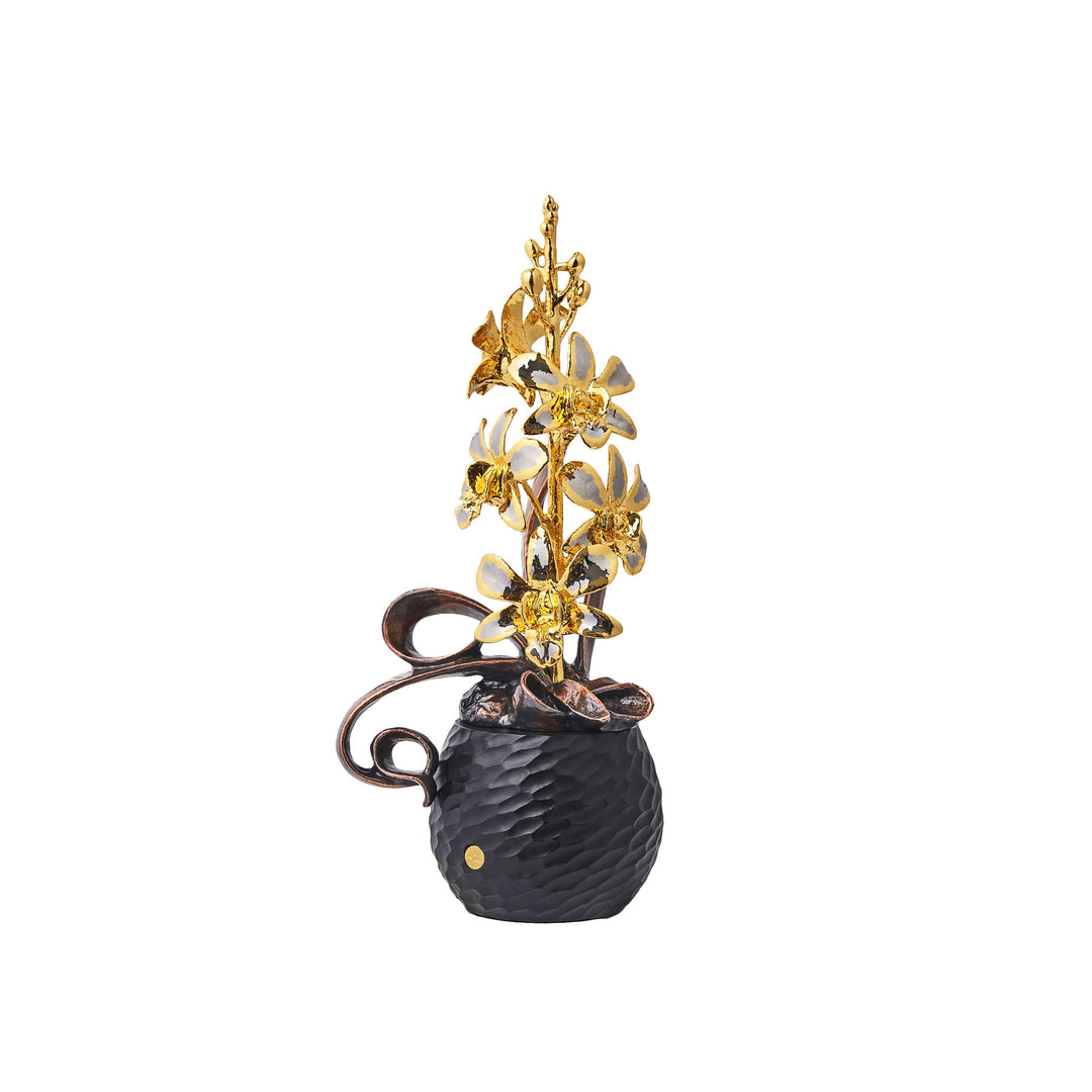 Petite Dendrobium II orchid art bonsai with golden blooms on black textured pot