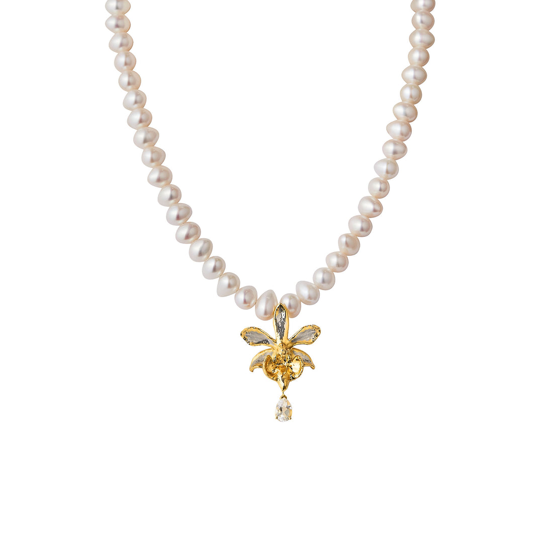 Epicattleya Orchid Necklace with Freshwater Pearl and White Topaz