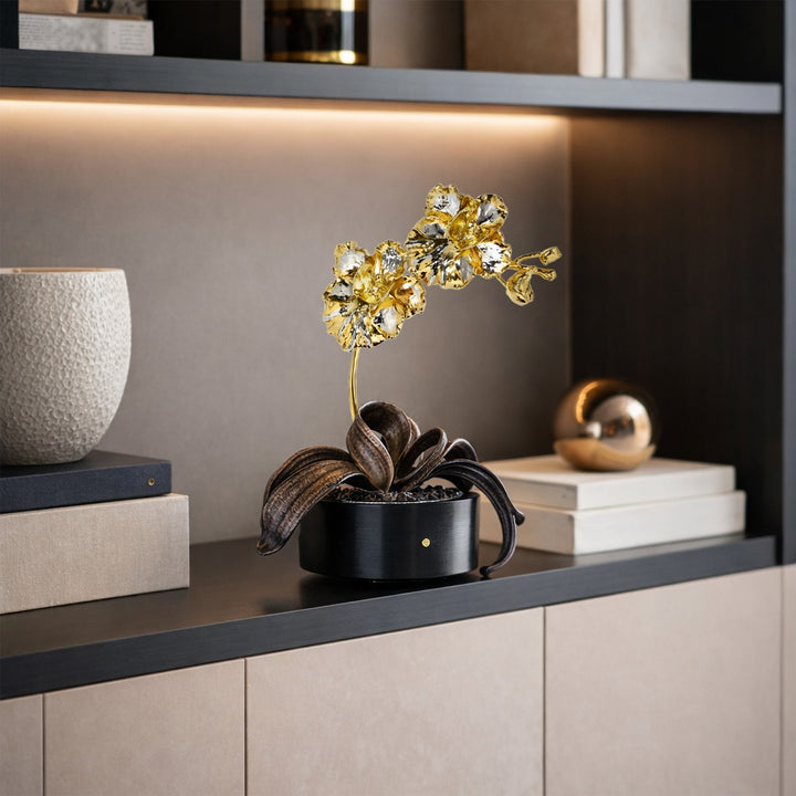 RISIS 1974 Garden of Orchids - Natural Phalaenopsis Cross Orchids, Vanda Miss Joaquim Orchids, Vanda Hybrid Orchid, and Dendrobium Eleanor Chan Orchids encapsulated in 24K Swiss Gold and Palladium on an Acacia Wooden Base with Blackened Copper Leaves