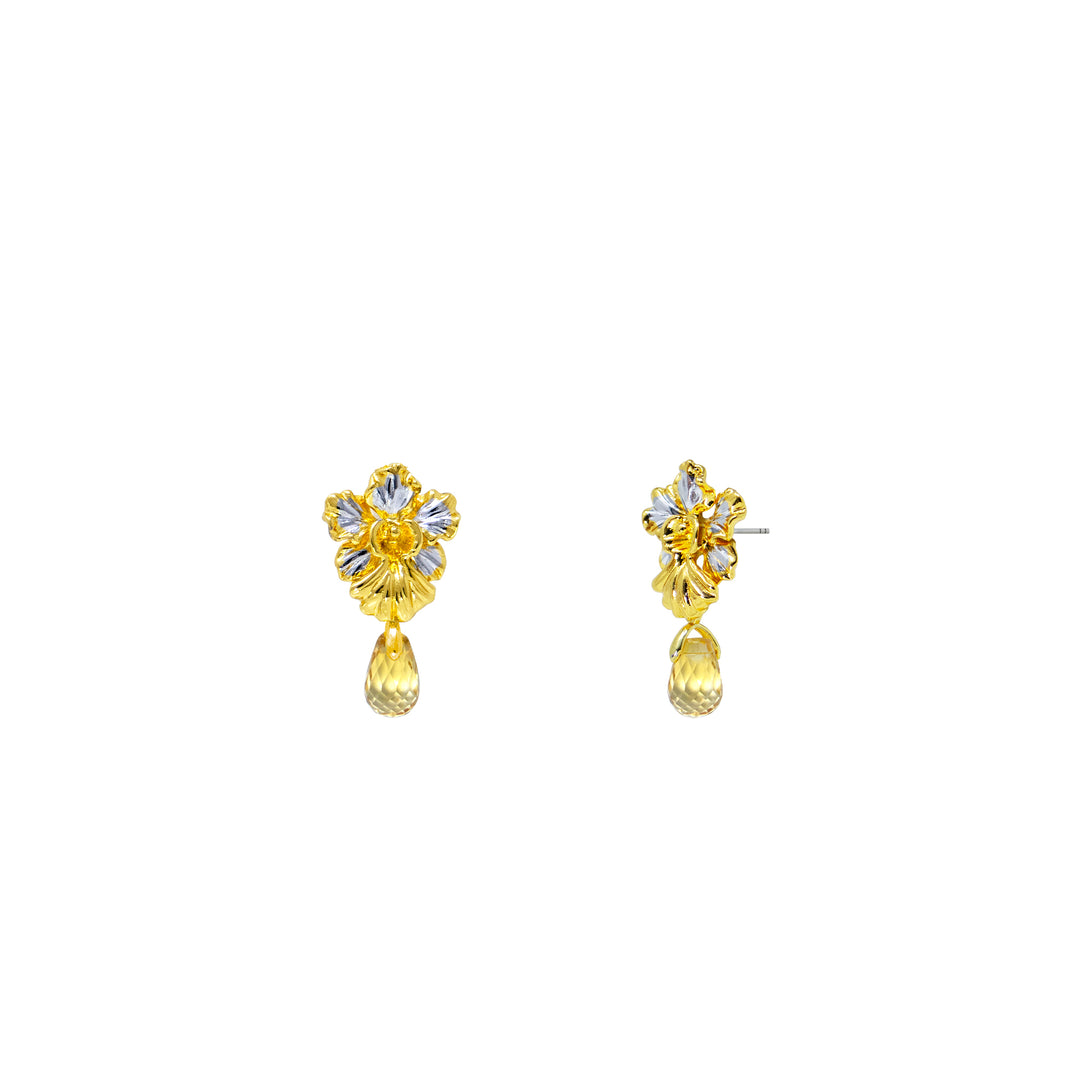 RISIS 24K Swiss Gold and Palladium with Citrine Briolette Real Natural Resilient Vanda Orchid Earrings