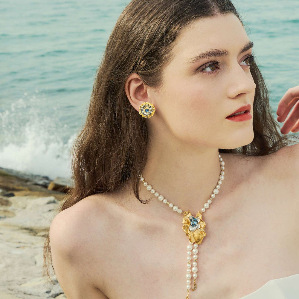 RISIS Aqua Enchanté Earrings, 925 Sterling Silver encapsulated in 18K Gold and Rhodium with Swiss Blue Topaz