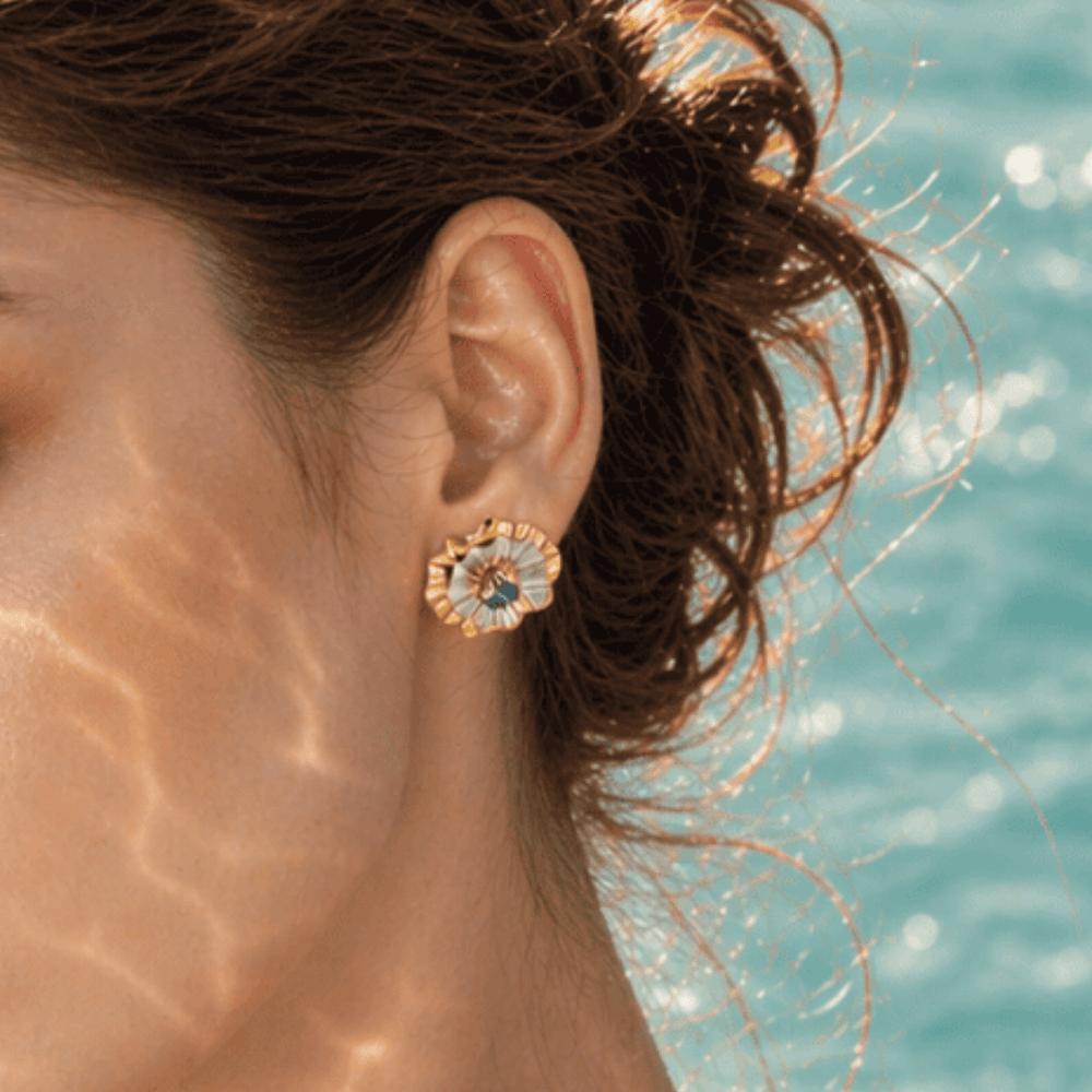 RISIS Aqua Enchanté Earrings, 925 Sterling Silver encapsulated in 18K Gold and Rhodium with Swiss Blue Topaz