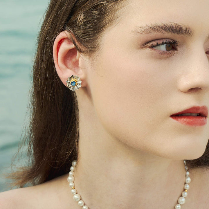 RISIS Aqua Enchanté Earrings, 925 Sterling Silver encapsulated in 18K Gold and Rhodium with Swiss Blue Topaz