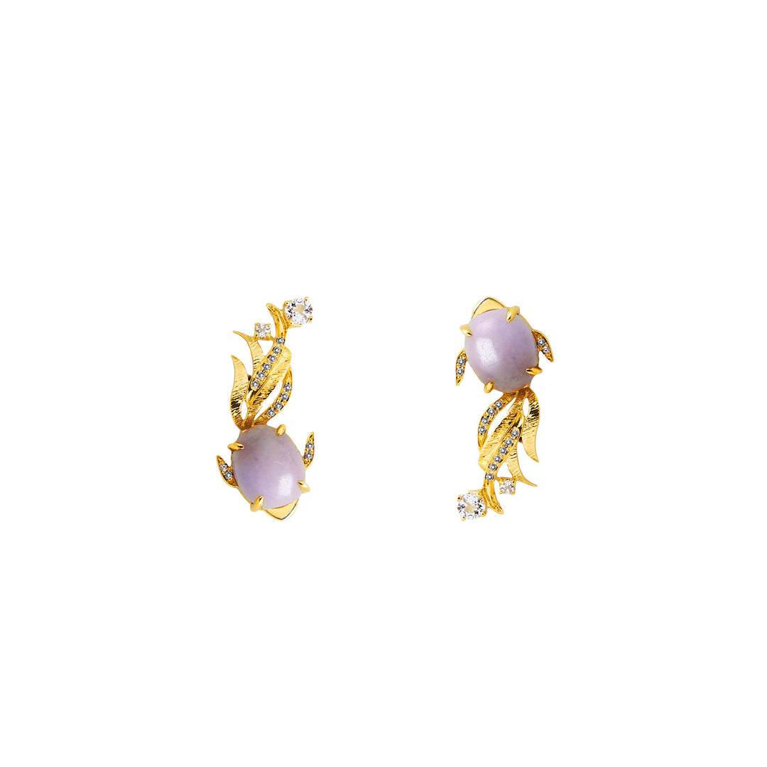 RISIS Aqua Enchanté Goldfish Earrings, 925 Sterling Silver encapsulated in 24K Swiss Gold with Type A Burmese Lavender Jadeite and White Topaz