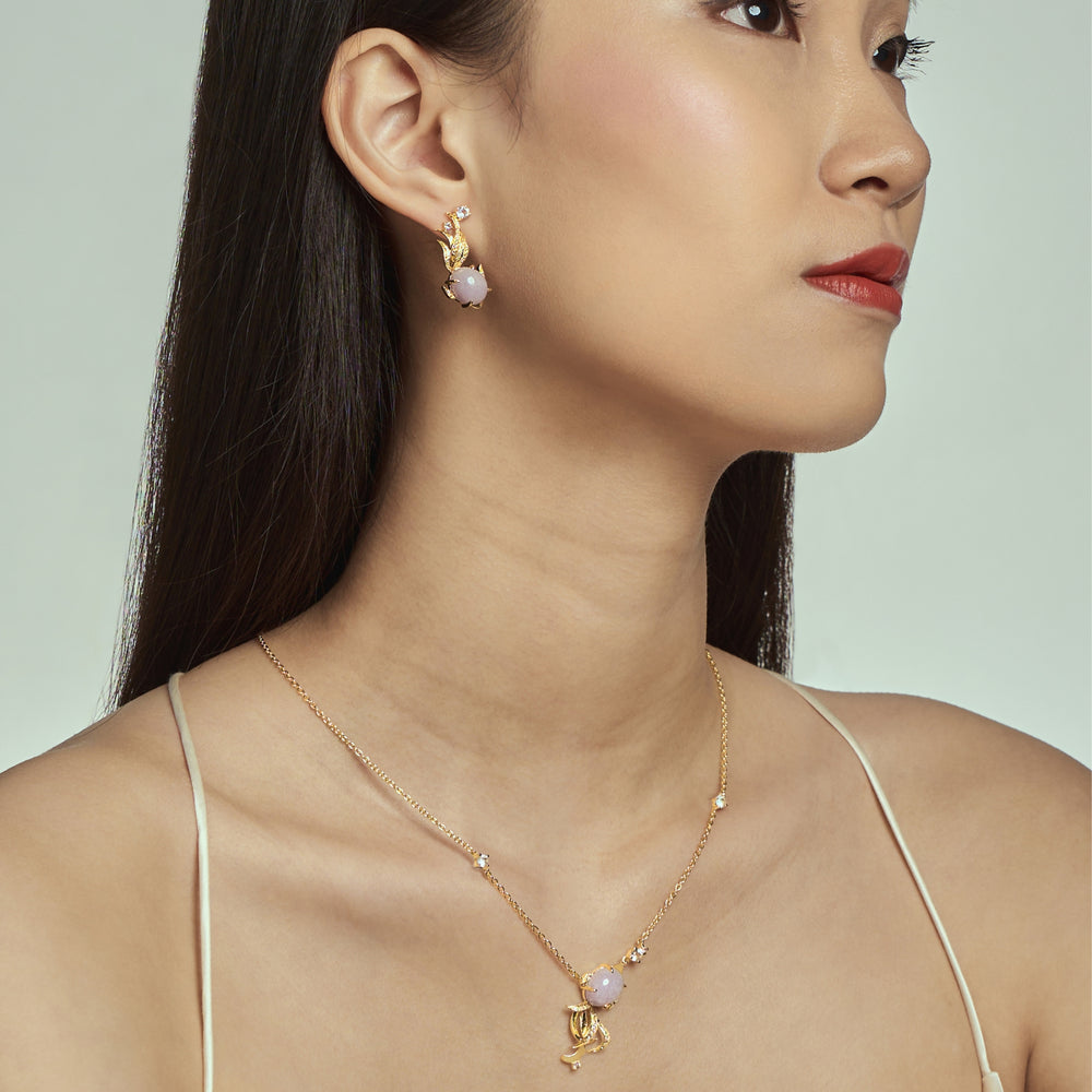 RISIS Aqua Enchanté Goldfish Jewellery Set (Earrings & Necklace), 925 Sterling Silver encapsulated in 24K Swiss Gold with Type A Burmese Lavender Jadeite and White Topaz