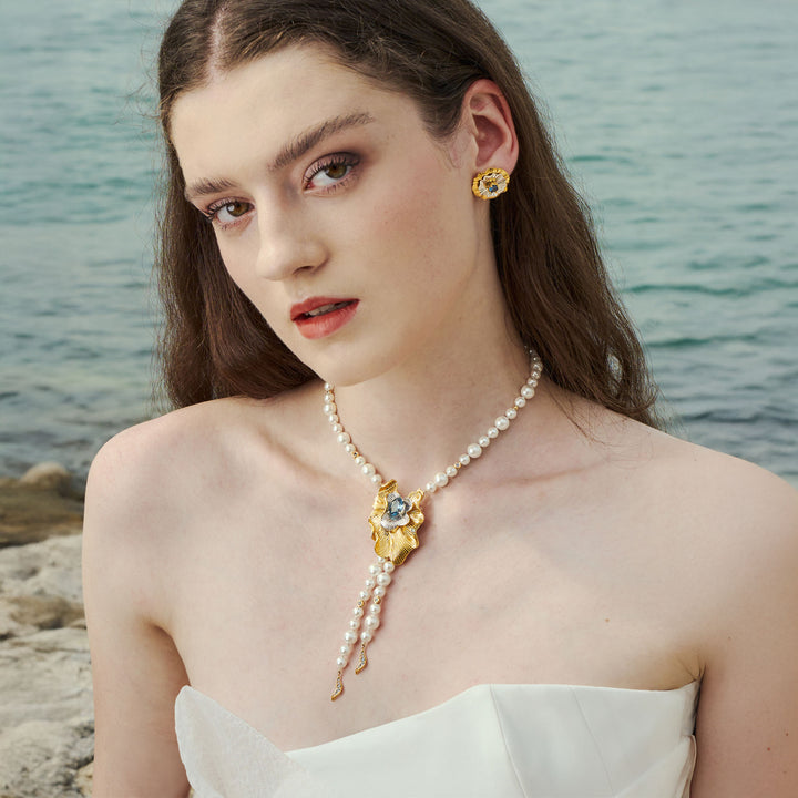 RISIS Aqua Enchanté Hoop Earrings and necklace cum brooch, 925 Sterling Silver encapsulated in 18K Swiss Gold and Rhodium with Freshwater Pearls and Swiss Blue Topaz