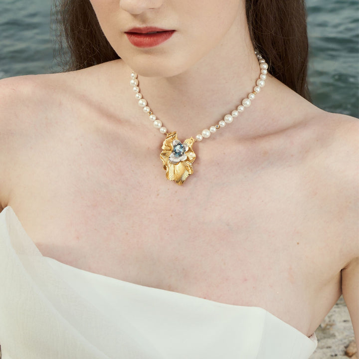 RISIS Aqua Enchanté Necklace, 925 Sterling Silver encapsulated in 18K Swiss Gold and Rhodium with Freshwater Pearls and Swiss Blue Topaz