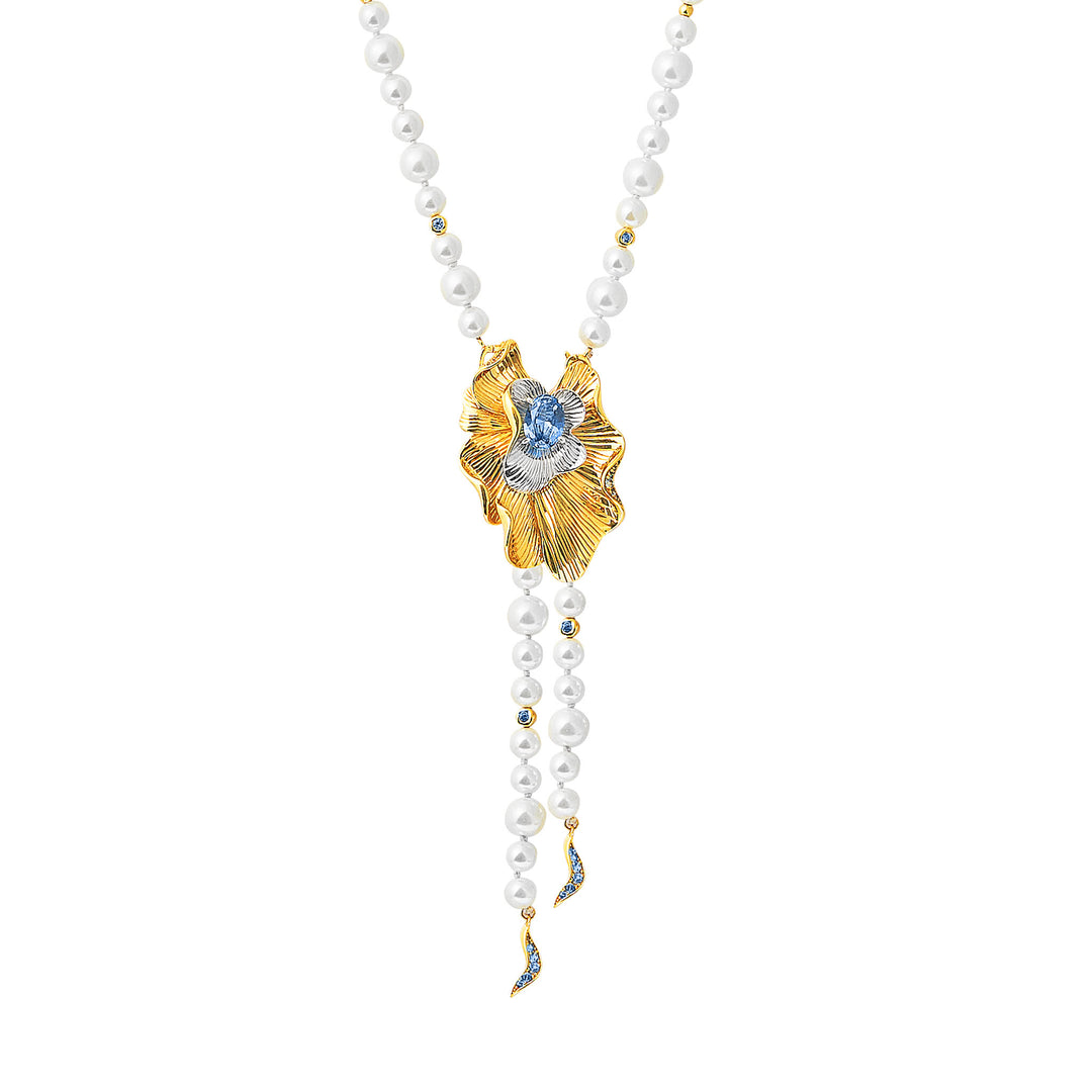 RISIS Aqua Enchanté Necklace, 925 Sterling Silver encapsulated in 18K Swiss Gold and Rhodium with Freshwater Pearls and Swiss Blue Topaz