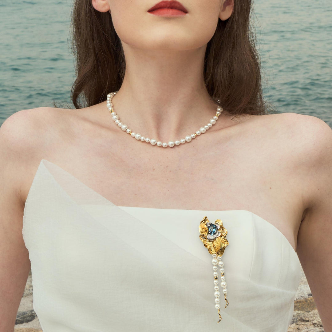 RISIS Aqua Enchanté Necklace cum brooch, 925 Sterling Silver encapsulated in 18K Swiss Gold and Rhodium with Freshwater Pearls and Swiss Blue Topaz