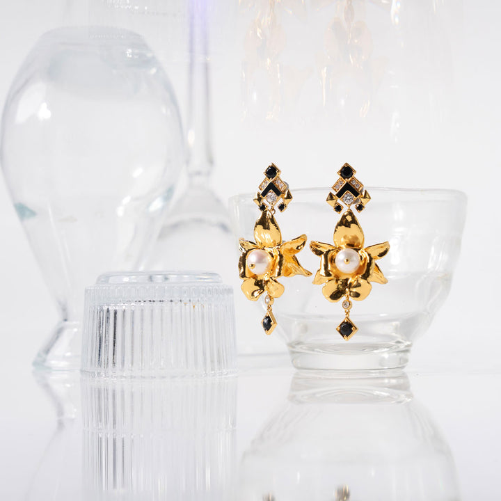 Gold orchid earrings with pearls and pavé diamonds