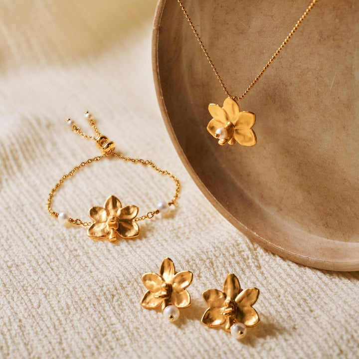 RISIS Ascocenda Bloomlet Earrings, Necklace & Bracelet In 24K Gold with Pearls