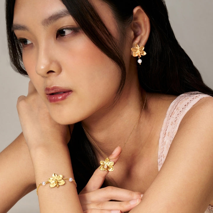 RISIS Ascocenda Bloomlet Earrings, Necklace & Bracelet In 24K Gold with Pearls