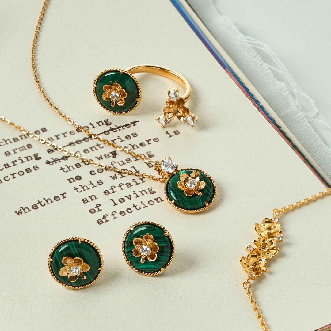 RISIS Beaded Ascocenda Jewellery Set (Necklace, Earrings, Ring & Bracelet), 925 Sterling Silver encapsulated in 18K Gold with Malachite and White Topaz