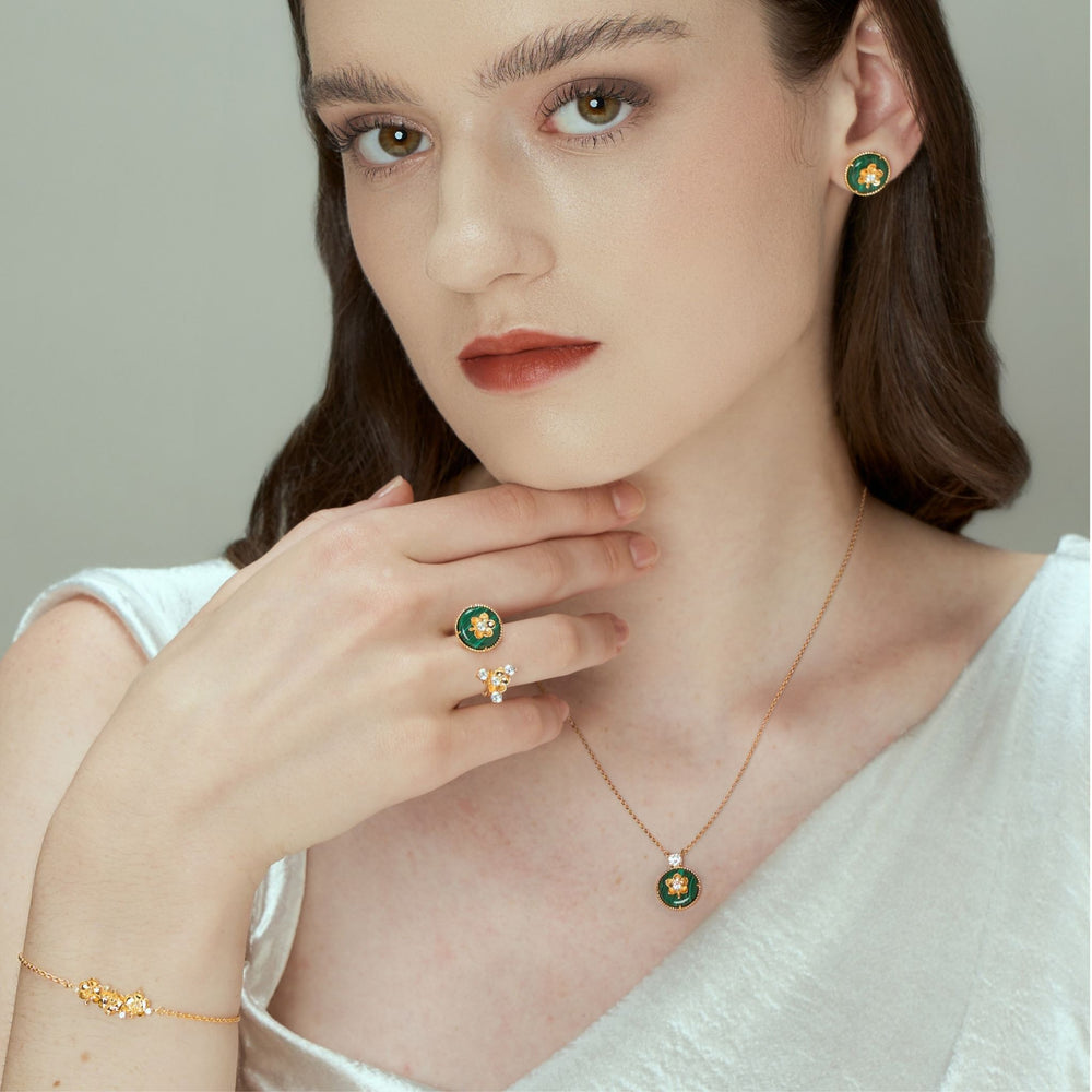RISIS Beaded Ascocenda Bridal (Si Dian Jin) Jewellery Set (Earrings, Necklace, Ring & Bracelets), 925 Sterling Silver encapsulated in 18K Gold with Malachite and White Topaz