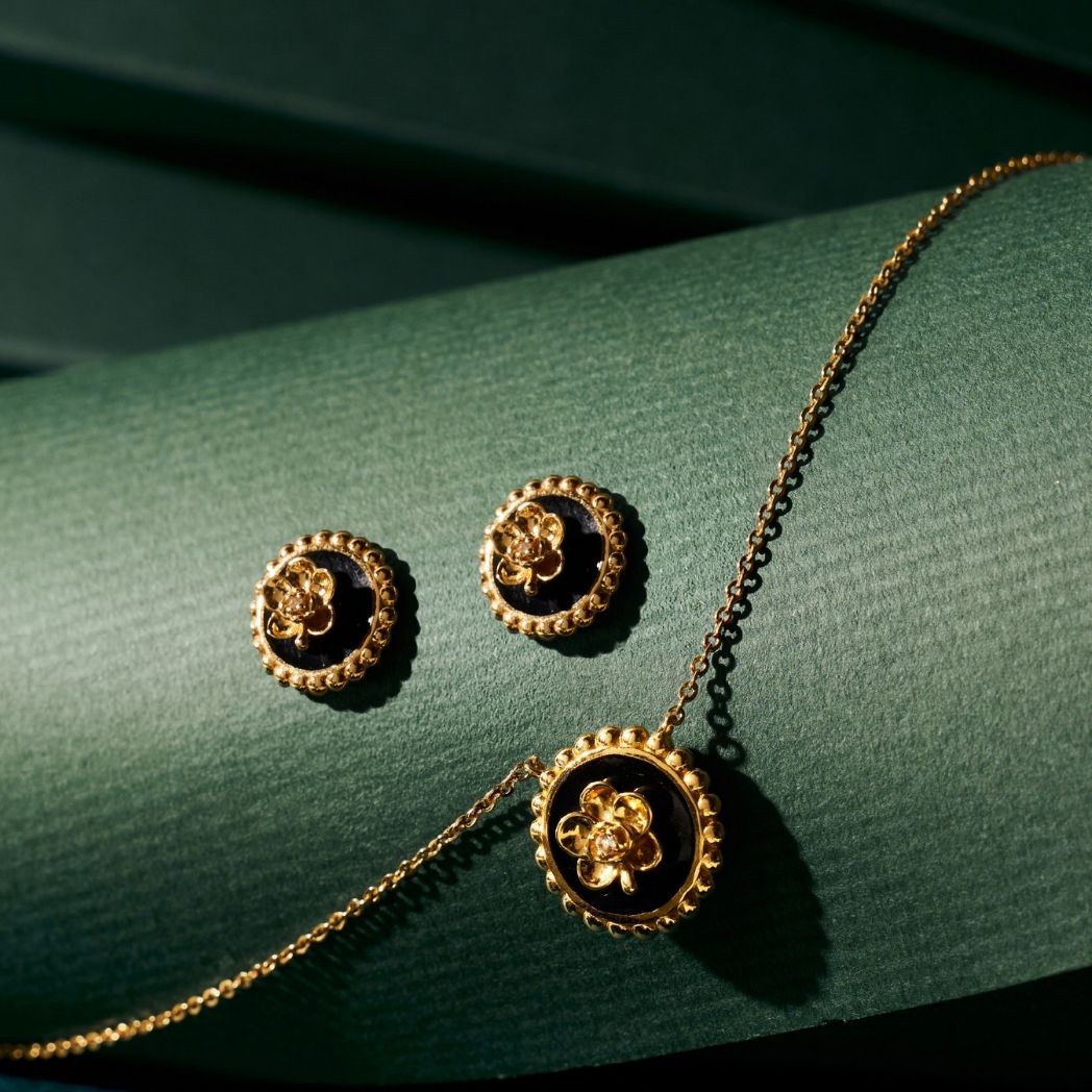 RISIS Beaded Ascocenda Orchid  Earrings & Necklace (Jewellery Set) in 18K Gold with Black Enamel and White Topaz 