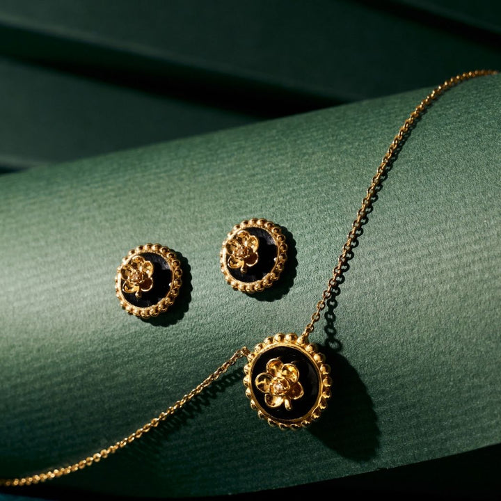 RISIS Beaded Ascocenda Orchid  Earrings & Necklace (Jewellery Set) in 18K Gold with Black Enamel and White Topaz 