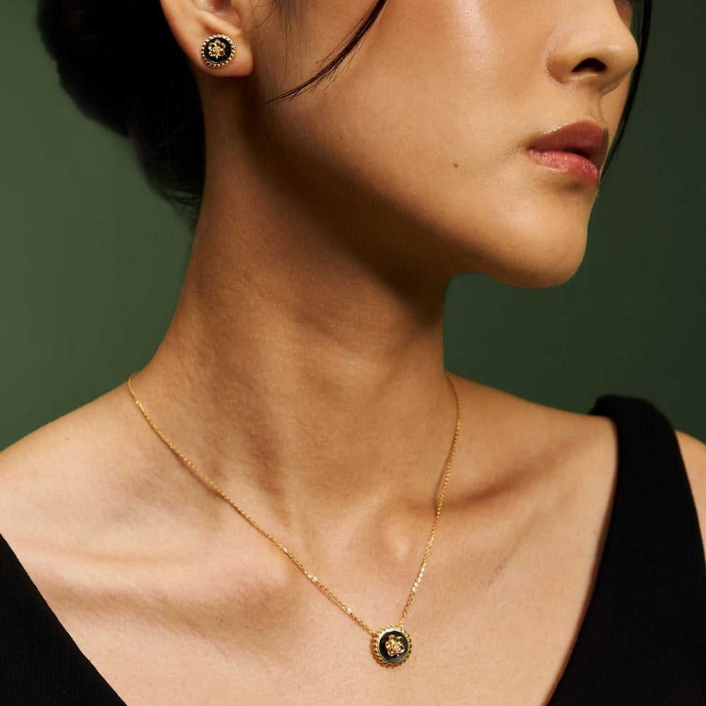 RISIS Beaded Ascocenda Orchid  Earrings & Necklace in 18K Gold with Black Enamel and White Topaz 