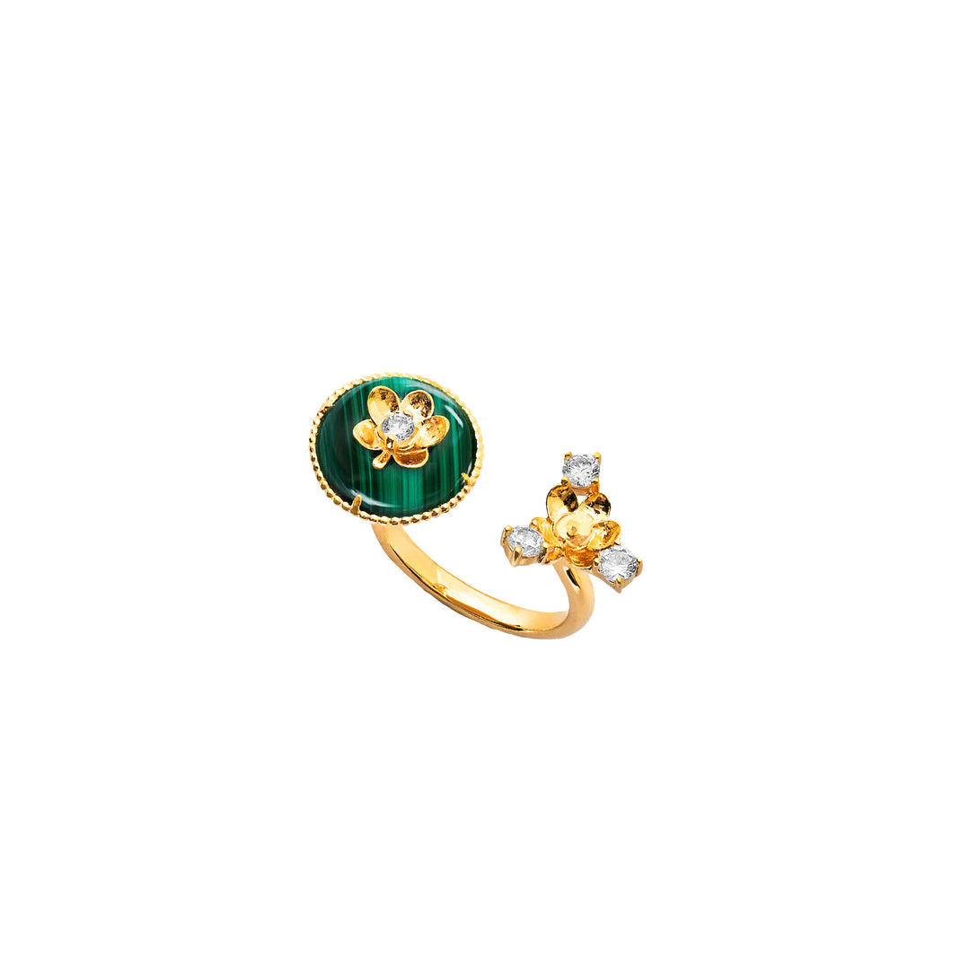 RISIS Beaded Ascocenda Ring, 925 Sterling Silver encapsulated in 18K Gold with Malachite and White Topaz