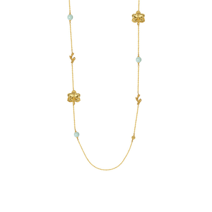 RISIS Blossom Long Necklace, Natural Ascocenda Orchids Encapsulated in 24K Swiss Gold with Type A Burmese Jadeite