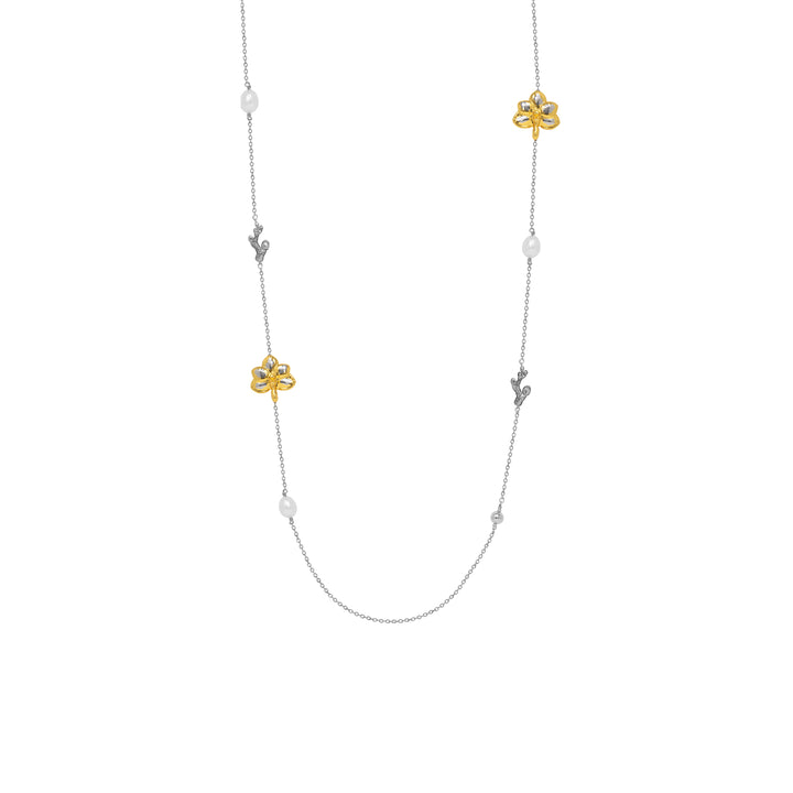 RISIS Blossom Long Necklace with Pearls in Gold and Palladium