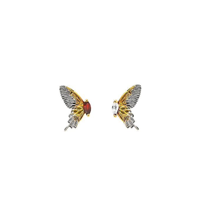 RISIS Botanique Butterfly Earrings, 925 Silver Encapsulated in 24K Swiss Gold and Palladium with Red Garnet and White Topaz