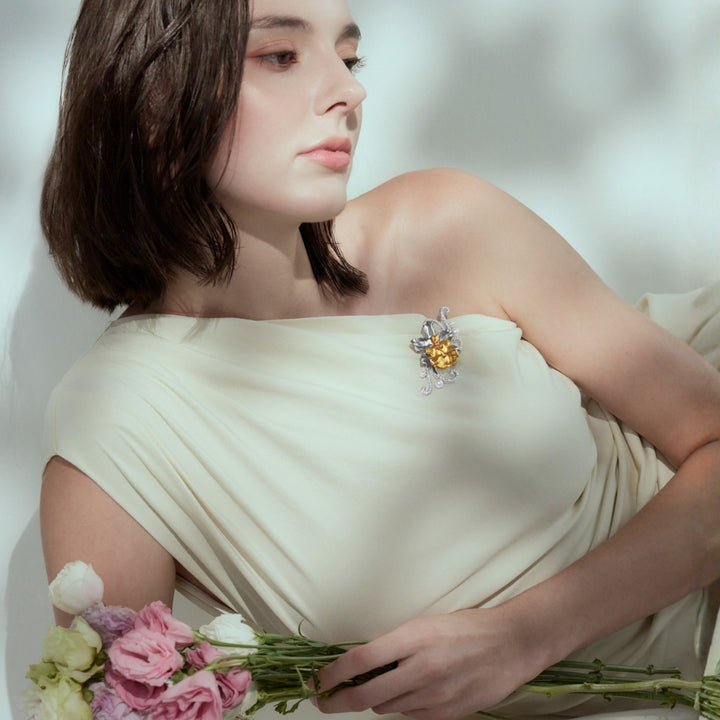 RISIS Oncidium Orchid Élan Brooch In 24K Gold and Palladium with Pearls and Moissanite
