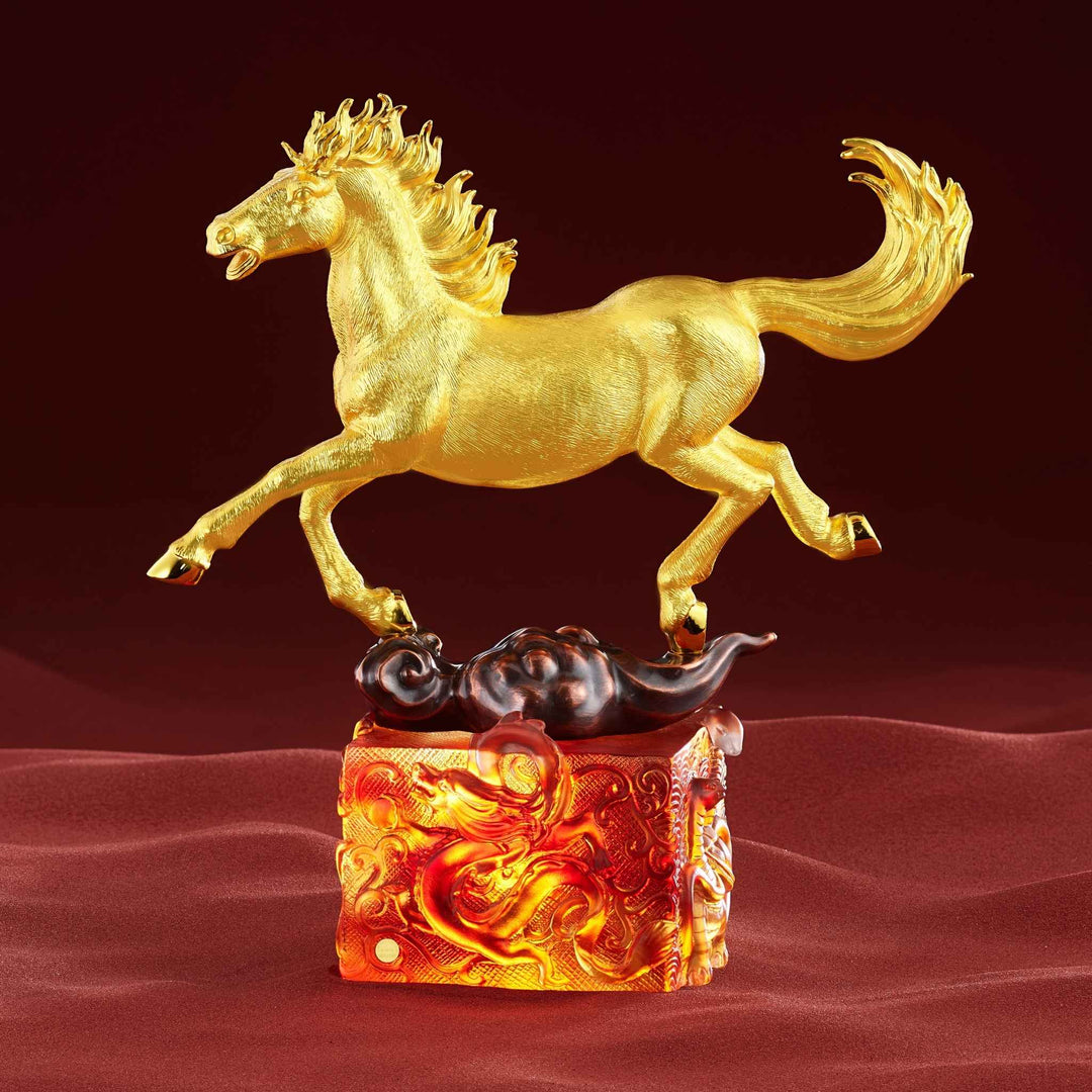 RISIS Celestial Steed Horse Sculpture encapsulated in 24K Swiss Gold on amber Liu Li base