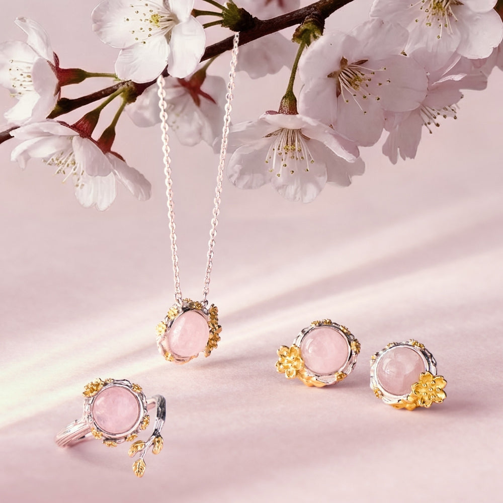 RISIS Cherry Blossom Earrings, Necklace & Ring, 925 Sterling Silver Encapsulated in Rhodium and 18K Gold with Rose Quartz